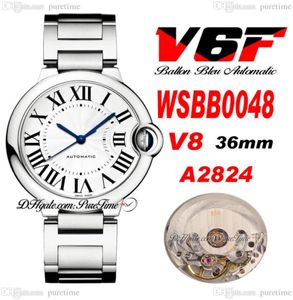 V6F V8 SBB0048 36MM A2824 Automatisk unisex -klocka Mens Womens White Dial Black Roman Markers Rostfritt stål Armband Ladies Watche8391555