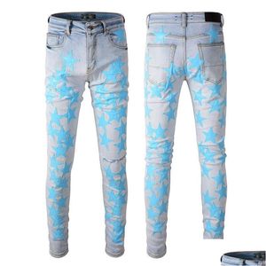 Erkek Kot Pantolon Tasarımcısı Sıska Gri Denim Biker Boya Di Pant Slim Fit Stretch Motosiklet Yıldız Kemik Nakamı Kalça Dhrjm