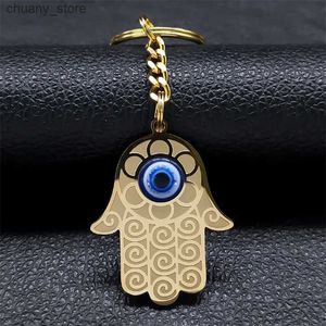 Keychains Lanyards Hand of Fatima Turkish Evil Blue Eye Key Chain for Women Men Stainless Steel Gold Color Hamsa Palm Keychain Jewelry K1139S01 Y240417