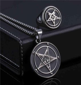 Jewelry Sets Elfasio Set Ring Necklace Baphomet Goat Pentagram Satan Symbol Stainless Steel Both Sided Pendant Chain8825696