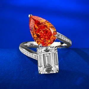 2024 Choucong Wedding Rings lyxiga smycken Real 100% 925 Sterling Silver Water Drop Orange Moissanite Diamond Party Eternity Women Engagement Band Open Ring Gift