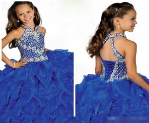 Glamorösa flickor Pageant Dresses Halter High Halsering Beaded Stems Troading Little Pleated Blue Organza Flower Girls Dress9574550