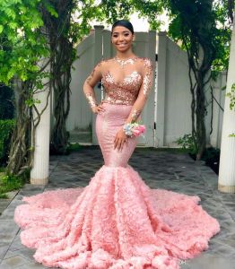 2024 Pink Long Illusion Sleeves Evening Dresses Sequins Flowers Sheer Neck Sweep Train 2024 African Jewel Applique Prom Party Gowns