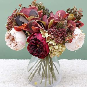 Künstliche große getrocknete Blumen rote Seide Peony Bouquet Hochqualität Home Dekoration Herbst Hochzeitsarrangement Weihnachten große falsche Pflanze 230613