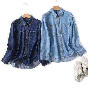 Women's Blouses Bright Silk Denim Shirt Women Button Up Soft Jeans Long Sleeve Turn Down Collar Blue Casual Loose Cotton Tops