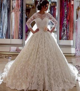 Cheap Ball Gown Wedding Dresses Arabic Jewel Neck Lace Applique Beads 34 Long Sleeves Sashes Sweep Train Plus Size Formal Bridal 7307584