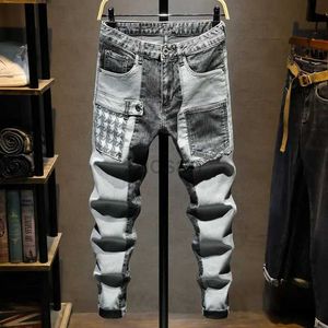 Męskie dżinsy Nowe wiosenne jesień w stylu koreańskim Kpop Designer Streetwear 90s Slim Cowboy Grey Stretch Work zużycie spółka długie spodnie Man D240417