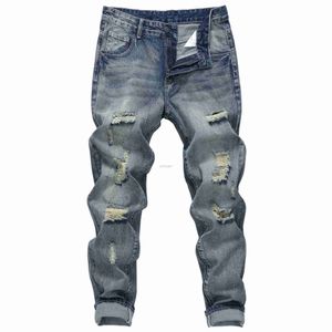 Mäns jeans män rak non-stretch bomull kausal mode slitsade och rippade denimbyxor d240417