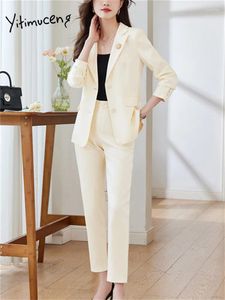 Zweiteilige Hosen von Frauen Yitimuceng Fashion Office Ladies Pant Suits Frauen im Herbst Winter 2024 Solid Long Sleeve Formal Blazer und Hosen 2