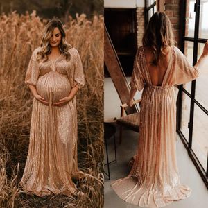 Party Dresses Elegant Women's Maternity Poshoot Dress Vintage Sequin Side Slit Maxi Gown for Baby Shower Po Props