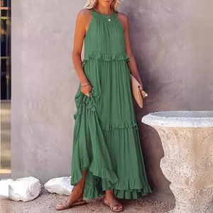 2024 Spring and Summer Womens Dress Halter Neck Solid Color Ruffled Retro Halter Neck Pleated Dress Fashionable Long Skirt 240415