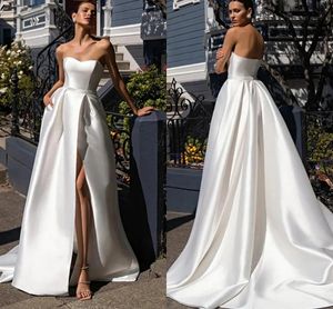 Modern Simple White Satin A Line Wedding Dresses Empire Waist Fashion Bridal Gowns Sexy for Bride Sweetheart High Split Plus Size Reception Party Dress YD