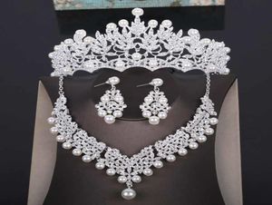 Högkvalitativ bröllopskrona Brudhuvud Pearl Tiara smycken Kvinnor Hårtillbehör Set Silverhuvudstycke Big Pageant Crown CJ18748259