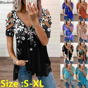 Women's T Shirts 2024 Summer Casual Short Sleeve Zipper V-Neck Topps Female Hollow Out Cold Shoulder Print Shirt Tees 5xl