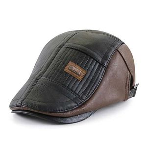 Emyn Berets Pu Leather Beret Hat Men Autumn Winter Faux Leather Duckbill Newsboy Cap Herringbone medelålders Mens Flat Peaked Cap för pappa D240418