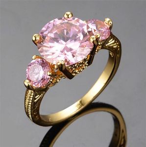 Bröllopsringar söta kvinnliga rosa kristallstenar stor gul guldfärg för kvinnor lovar brud runt zirkon engagemang1914973