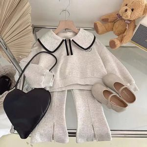 Baby Girls Sweater Set Spring and Autumn Childrens Korean Doll Neck TopSplit Flare Pants 2-PCS Kids Casual Clothing Set 240401