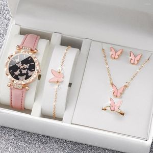 Bilek saatleri 5pcs/set moda kelebek kadın saatler takı seti lüks rhinestone kadın deri band kuvars saat (kutu olmadan)