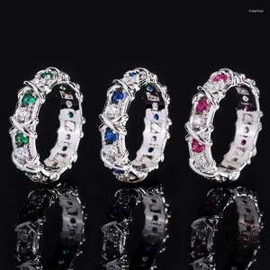 Anelli a grappolo Engagement Gioielli da sposa Blu Red Green Clear Cubic Zircone CZ 925 Silver Women Band Ring