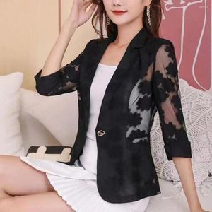 Women's Suits Summer Lapel 3/4 Sleeve Small Blazer Hollow See-through Flower Thin Mesh Yarn Stitching Pockets Suit Jacket