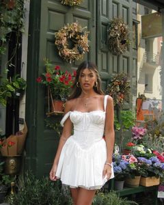 Eleganta kvinnor sommar spets blommig lapptäcke korsett miniklänning ärmlös fyrkantig nackbindning kort tank a-line flytande festklänning 240415