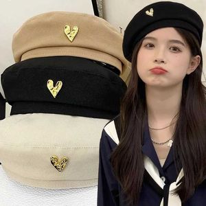 SZPT Berets Korean Autumn Winter Woolen Berets Caps for Women Retro Wild Fashion Lolita Love Metal Painter Hats Elegant Solid Beret Hat d24418