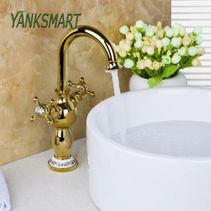 Waschbecken Wasserhähne Yanksmart Golden polierter Wasserhahn Dualgriff Deck montiertes Becken Badewaschbeer und kaltes Wasserhahn