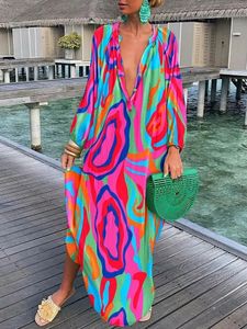 Women Boho Maxi Kleid 2023 Sommer sexy Deep V-Ausschnitt Lange Kleider Vintage Print Long Sleeve Loous Beach Cover Up Female Kleidrobe 240415