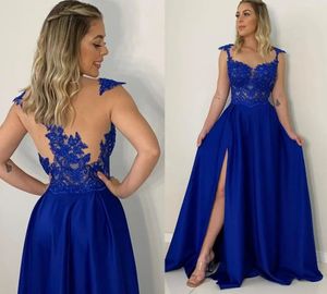 Royal Blue A-line Evening Dress 2024 Sheer Neck Lace Appliques Illsuin Back Long Formal Birthday Party Gowns Prom Dresses Robe De Soiree