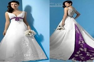 Selling White and Purple Satin ALine Wedding Dresses Empire Waist VNeck Beads Appliques Bow Bridal Gowns Custom Made new de6518769