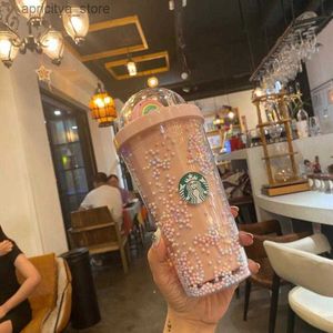 bottiglia d'acqua Starbucks Tumblers tazze carine arcobaleno doppia plastica con cannuccia materiale da compagnia per bambini ragazze regalo da ragazza adulto183t l48