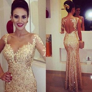 Shining Gold Fitted Prom Dresses 2019 Asymmetrical Lace Appliques Sheer Long Sleeve Open Back Sequin Prom Dress Glitzy Pageant Gow6684408