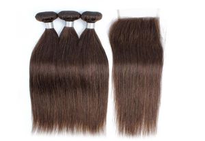 Beijo de cabelo cor 4 Cabelo liso de chocolate marrom 3 pacotes com encerramento de renda Virgem crua Remy Remy Extensões de cabelo humano2199698