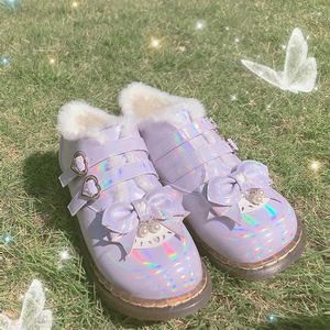 ドレスシューズJKスクール甘い学生ロリータヴィンテージラウンドヘッドプラスベルベットの女性かわいい蝶Kawaii Loli Boots