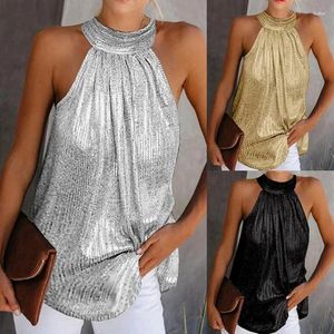 Women's Tanks 2024 Womens Fashion Shiny Neck Tank Tops Vest Ladies Summer Casual Solid Color Sleeveless T Shirt Blouse Black Gold Silver