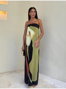 Yaz avokado baskı askısız elbise kadınlar moda gevşek omuz kontrast renkli elbiseler 2024 seksi bayanlar tatil sokak kıyafeti 240415