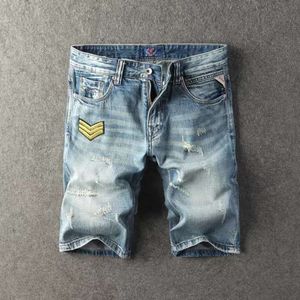 Mäns jeans sommar street stil mode män retro ljusblå lappar designer rippade denim shorts homme hip hop bomull kort