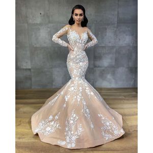 Manşon vintage şampanya deniz kızı düğün uzun elbiseler fildişi dantel aplikeler ile boncuk aso Ebi Arap 2022 Gelin Önlük