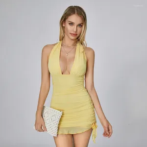 Lässige Kleider wpnaks Frauen sexy Mini Bodycon Abendkleid Sommerkleidung Feste Farbe Binde-Up-Halfterhälfte Rückenlos Rückenfrei