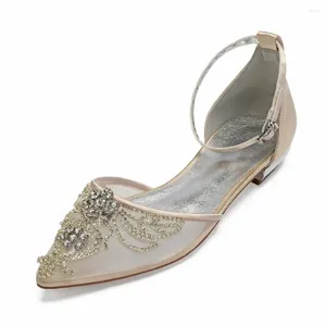 Casual Shoes Sparkling Lady Satin Mesh Dress Pointed Toe Ankle Strap Bridal Wedding Flats With Crystal Applique Party Prom Ball