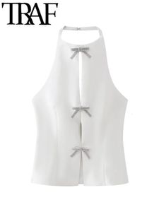 TRAF GAL Shiny Diamonds Bow Women White Camis 2024 Summer Hollow Out Sleeveless Backless Slim Halter Female Crop Top Y2K Tanks 240408