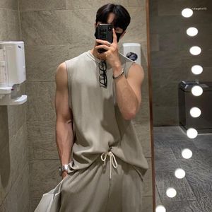 Herrspårar Summerkläder Casual Tank Tops Set Luxury Korean Streetwear O Neck Solid Drape Vest Trousers 2 Piece Suit