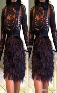 Design Fashion Christmas Feather Cocktail Dresses Black Celebrity Evening Dresses Mini Long Sleeves Short Party Prom Dress Vestido9019344