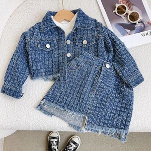 2023 Baby Girl Plaid Denim Clothing Set Spring Autumn Elegant Suits JacketsskirtsKids Children Birthday 2pieces Clothes Sets 240401