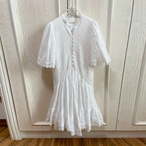 women's dress cotton white stand collar bell sleeved gathered waist embroidered lace mini dress