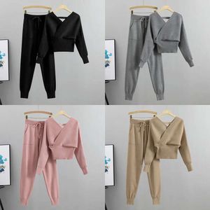 Women's Two Piece Pants Off Shoulder Pieces Set for Women V Neck Long Sleeve Top Casual Loose Autumn Temperament Female s