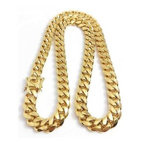 316l Stainless Steel Jewelry 18k Gold Plated High Polished Miami Cuban Link Necklace Men Punk 15mm Curb Chain Double Safety Clasp 18inch-30inch 2BBH IBO5 T37H