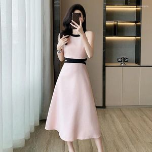 Casual Dresses 2024 High Quality Summer Pink Hit Color Off Shoulder Dress For Women Sleeveless Lace Up Hollow Out Waist Ball Gown Midi