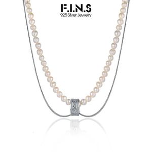FINS Original 925 Sterling Silver Freshwater Pearl Long Necklace Stacked Round Transfer Relief Pattern Pendant Clavicle Chain 240410