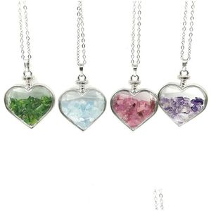 Colares pendentes Jln Wish Bottle Heart Stone Natural Crystal Mineral Ornamento Pingentes de cascalho com cadeia de latão Presente para Dh7bt